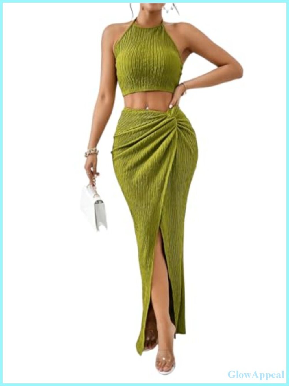 2 Piece Skirt Set: Halter Crop Top & Split Maxi Skirt, Textured